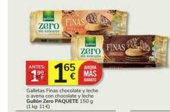 Consum Galletas finas chocolate y leche o avena con chocolate y leche gullón zero paquete oferta