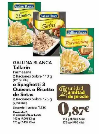 Gadis Gallina blanca tallarín o spaghetti 3 quesos o risotto de setas oferta
