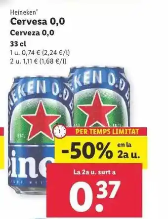 Lidl -50% en la 2a u. heineken cerveza 0.0 oferta