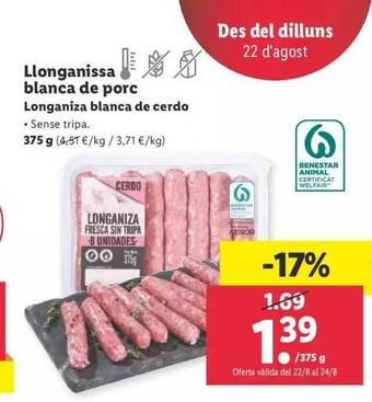 Lidl Longaniza blanca de cerdo oferta