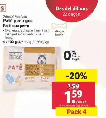Lidl Orlando pure taste paté para perro oferta