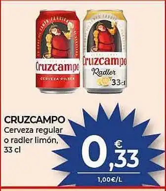 CashDiplo Cruzcampo cerveza regular o radler limó, oferta