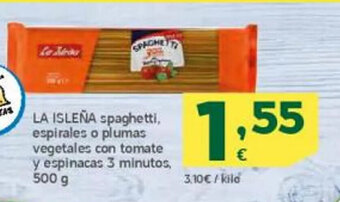 HiperDino La Isleña Spaghetti Espirales o Plumas Vegetales Con Tomate y Espinacas 3 Minutos oferta