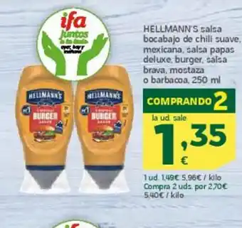 HiperDino Hellmann's Salsa Bocabajo de Chili Suave Mexicana Salsa Papas Deluxe Burger Salsa brava Mostaza oferta