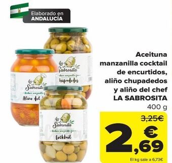 Carrefour Aceituna manzanilla cocktail de encurtidos, aliño chupadedos y aliño del chef la sabrosita oferta