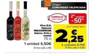 Carrefour Vino D.O Valencia Malvarrosa Blanco Tinto o Rosado oferta
