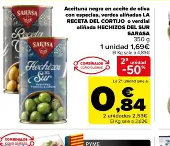 Carrefour Aceituna Negra En Aceite de Oliva Con Especias Verdes Aliñadas La Receta Del Cortijo o Verdial Aliñada Hechizos Del Sur oferta