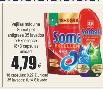 FROIZ Vajillas máquina somat gel antigrasa 35 lavados o excellence 18+3 cápsulas unidad oferta