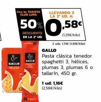Supermercados Lupa Gallo pasta clásica tenedor spaghetti 3, hélices, plumas 3, plumas 6 o tallarín oferta