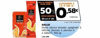 Supermercados Lupa Gallo pasta clásica tenedor spaghetti 3, hélices, plumas 3, plumas 6 o tallarín oferta