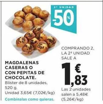 Hipercor 2a unidad -50% magdalenas caseras o con pepitas de chocolate oferta