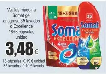 FROIZ Vajillas máquina somat gel antigrasa 35 lavados o excellence 18+3 cápsulas oferta