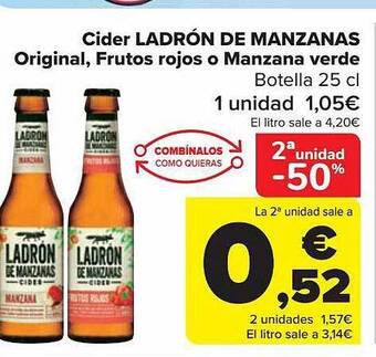 Carrefour 2a unidad -50% cider ladrón de manzanas original frutos rojos o manzana verde oferta