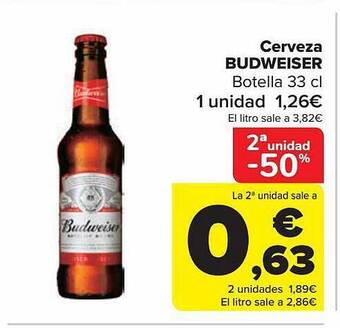 Carrefour 2a unidad -50% cerveza budweiser oferta