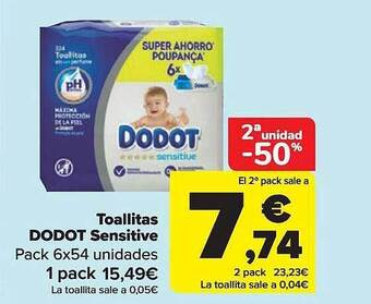 Carrefour 2a unidad -50% toallitas dodot sensitive oferta