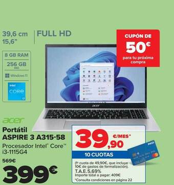Carrefour Acer portátil aspire 3 a315-58 oferta