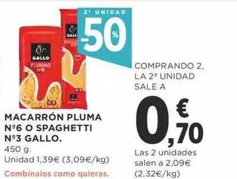 Supercor 2e unidad -50% macarrón pluma n°6 o spaghetti n°3 gallo oferta