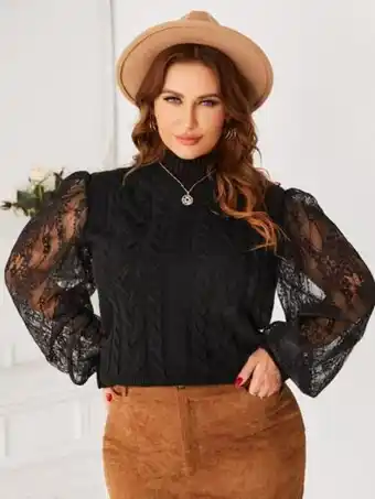 Shein Jersey con encaje de manga farol de cuello cisne tejido de cable oferta