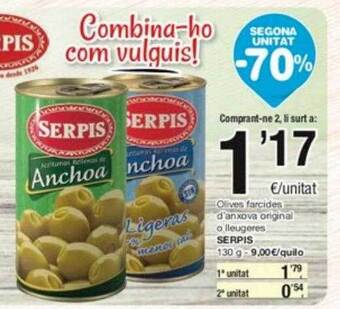 SPAR Fragadis Segona unitat -70% olives farcides d'anxova original o lleugeres serpis oferta