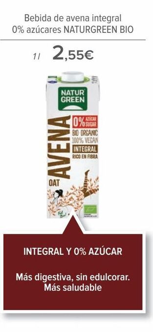 Carrefour Bebida de avena integral 0% azúcares naturgreen bio oferta
