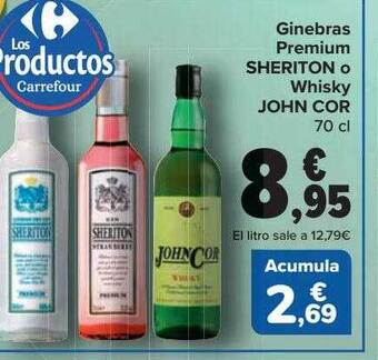 Carrefour Ginebras premium sheriton o whisky john cor oferta
