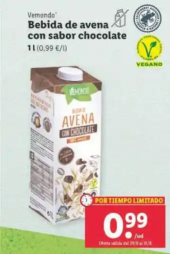 Lidl Vemondo bebida de avena con sabor chocolate oferta