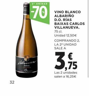 Hipercor 2a unidad -70% vino blanco albariño d.o. rías baixas carlos villanueva oferta