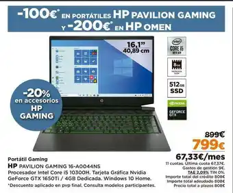 El Corte Inglés Hp Portátil Gaming Pavilion Gaming 16-A0044NS oferta