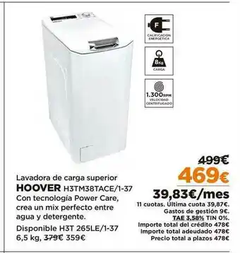 El Corte Inglés Hoover Lavadora De Carga Superior H3TM38TACE/1-37 oferta