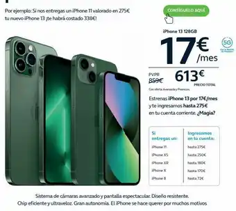 Movistar Consiguelo aquí iphone 13 128gb 613€ /mes pvpr 859€ con oferta avanzada y premium. estrenas iphone 13 por 17€/mes yte oferta