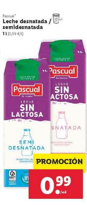 Lidl Pascual Leche Desnatada - Semidesnatada 1L oferta