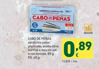 HiperDino Cabo De Peñas Sardinilla Sabor Ahumado, Aceite Oliva Normal O Baja En Sal Con Tomate, 85 G P.E. 60 G oferta