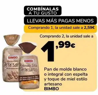 Supeco Pan de molde blanco o integral con espelta y toque de miel estilo artesano bimbo oferta