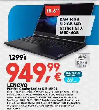 Worten LENOVO Portátil Gaming Legion 5 15IMH05 oferta