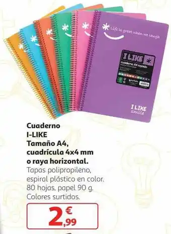 Alcampo Cuaderno i-like tamaño a4 cuadrícula 4x4 mm o raya horizontal oferta