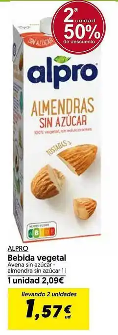 Hiper Usera Alpro bebida vegetal avena azucar almendra sin azucar oferta