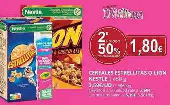 Supermercados MAS 2a unidad 50% de descuento cereales estrellitas o lion nestle oferta