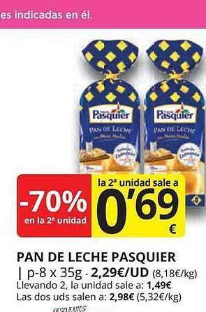 Supermercados MAS -70% en la 2a unidad pan de leche pasquier oferta