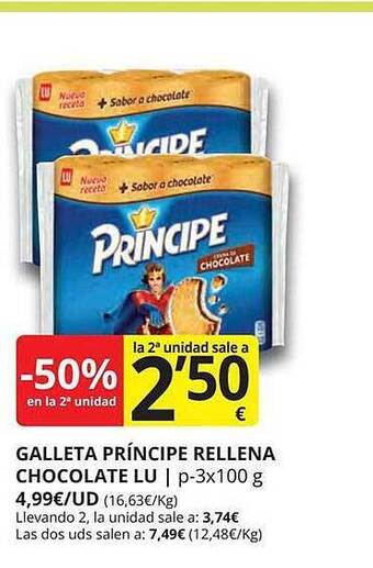 Supermercados MAS -50% en la 2a unidad galleta príncipe rellena chocolate lu oferta