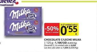 Supermercados MAS -50% en la 2a unidad chocolate c leche milka oferta