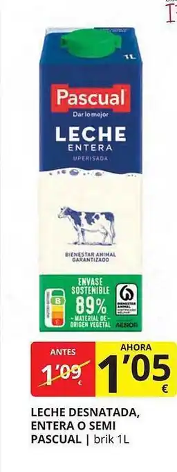 Supermercados MAS Leche desnatada entera o semi pascual oferta