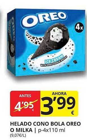 Supermercados MAS Helado cono bola oreo o milka oferta
