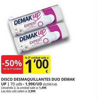Supermercados MAS -50% en la 2a unidad disco desmaquillantes duo demak up oferta
