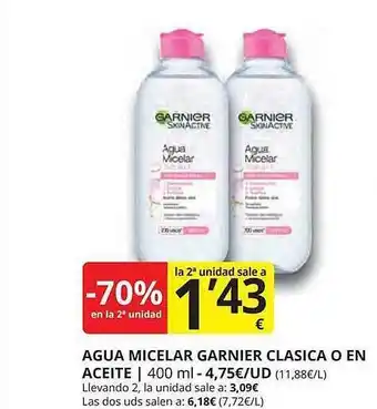 Supermercados MAS -70% en la 2a unidad agua micelar garnier clasica o en aceite oferta