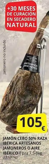 Supermercados MAS Jamón cebo 50% raza ibérica artesanos jamoneros o aire ibérico oferta