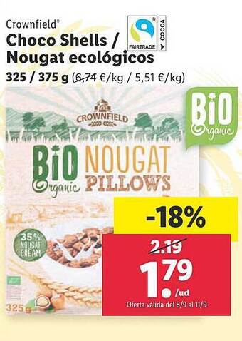 Lidl Crownfield choco shells-nougat ecológicos oferta