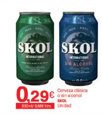Supermercados Plaza Skol Cerveza clásica o sin alcohol 330ml oferta