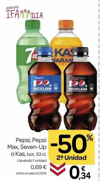 Supermercados El Jamón -50% 2a. unidad pepsi pepsi max seven-up o kas bot oferta