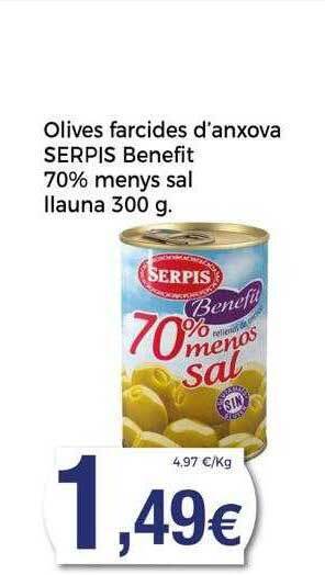 Supermercats Jespac Olives farcides d'anxova serpis benefit 70% menys sal llauna oferta