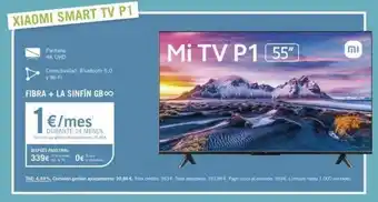 Yoigo Xiaomi smart tv p1 pantalla 4k uhd conectividad: bluetooth 5.0 y wi-fi fibra + la sinfín gboo 1 €/mes durante 24 meses oferta